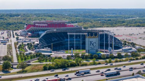 Aerial view of Kauffman and Arrowhead Stadiums in Kansas City