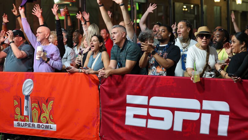 NEW ORLEANS, LA - FEBRUARY 07: Fans cheer at an ESPN broadcast ahead of Super Bowl LIX between the Kansas City Chiefs and the Philadelphia Eagles on February 7, 2025, in New Orleans, LA. (Photo by David Buono/Icon Sportswire via Getty Images)